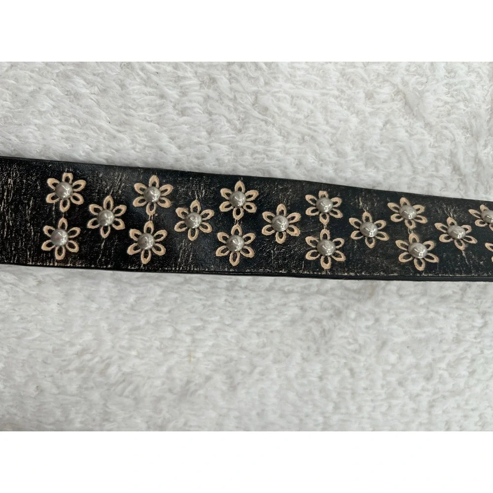 Womens Distressed Black  Floral Studded Rhinestone Rodeo Buckle Belt 1629 L